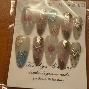 Floral Press On Nails Medium Almond Acrylic Flower‎ Design Handmade M Size